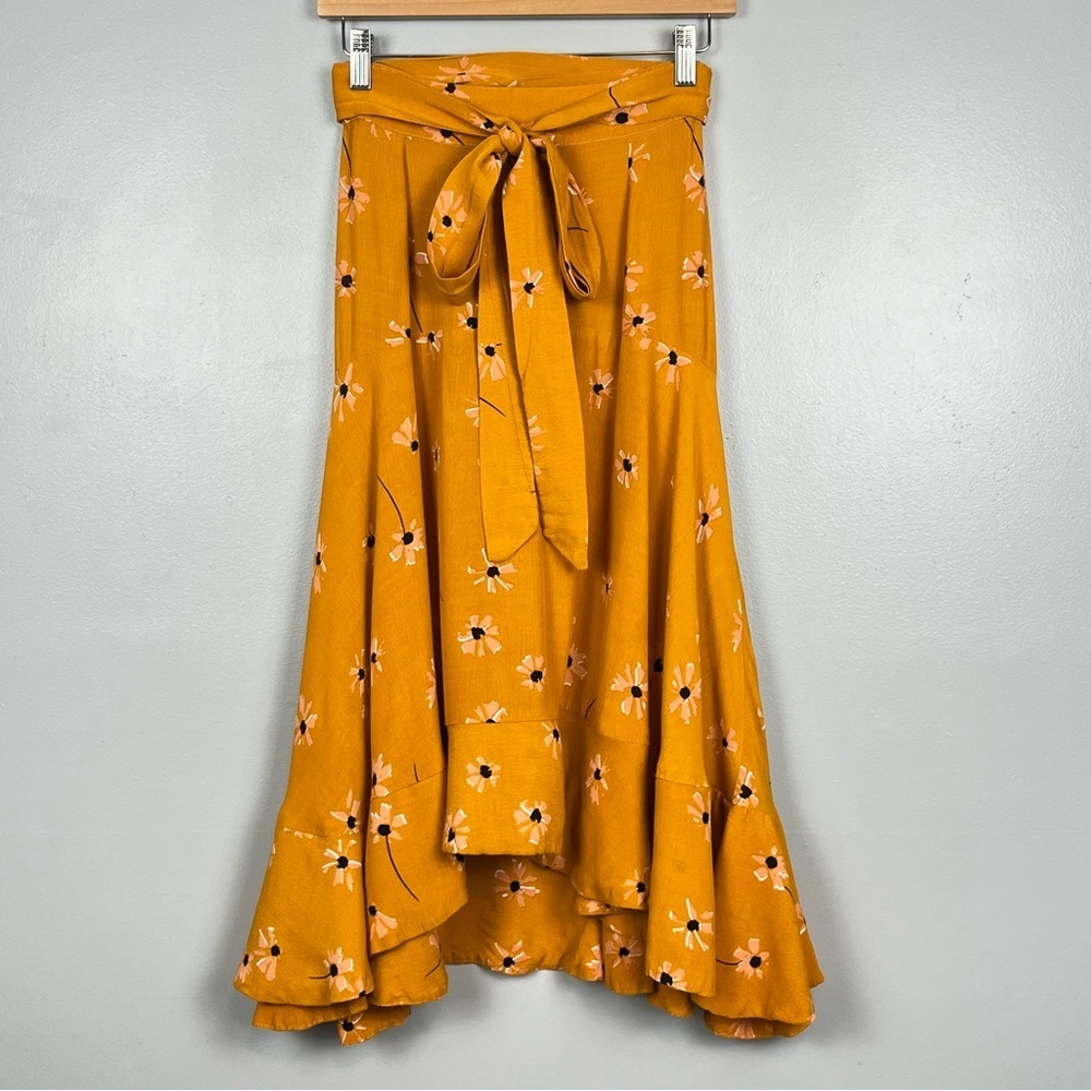 Faithfull The Brand Kamares Botany mustard yellow floral ruffle hem skirt, XS.